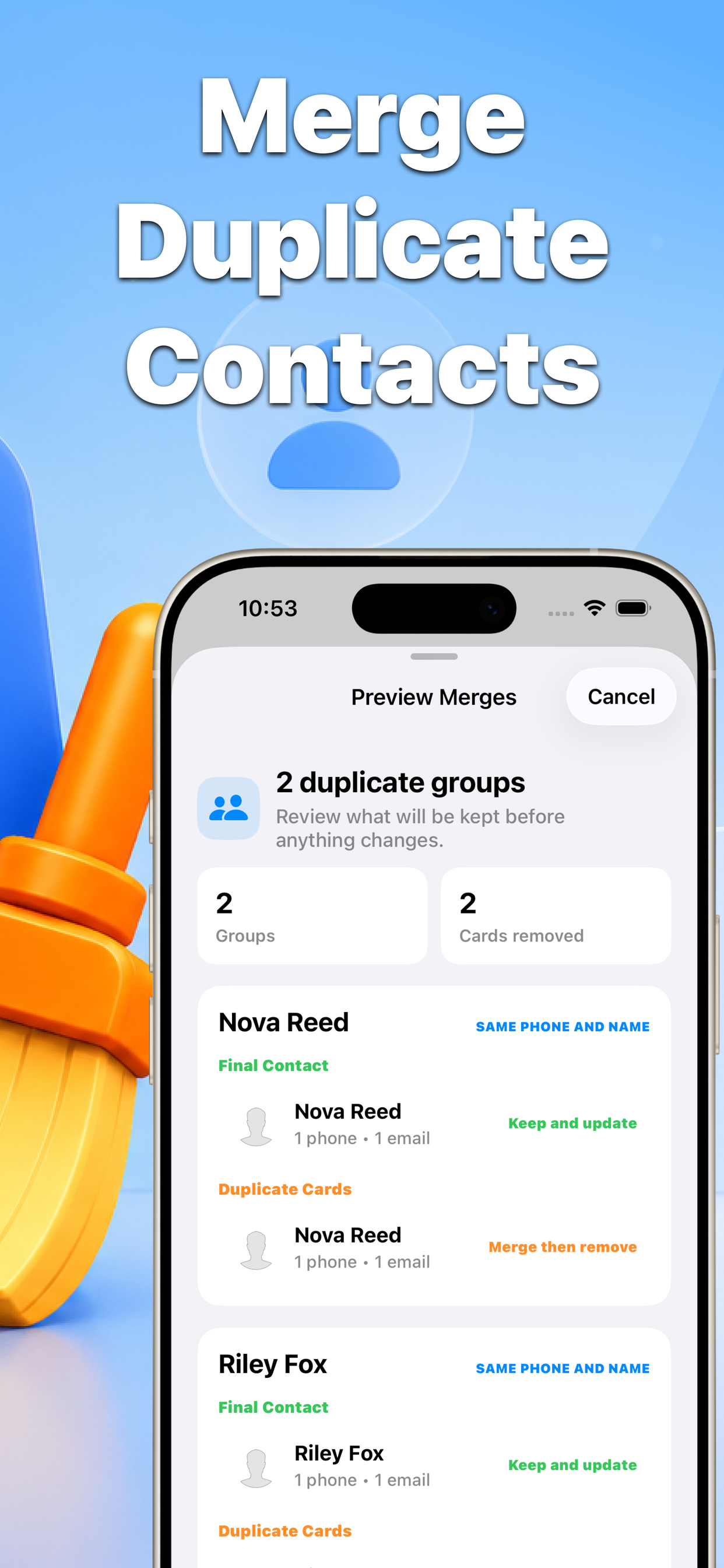 Contact Cleaner duplicate contacts merge preview graphic