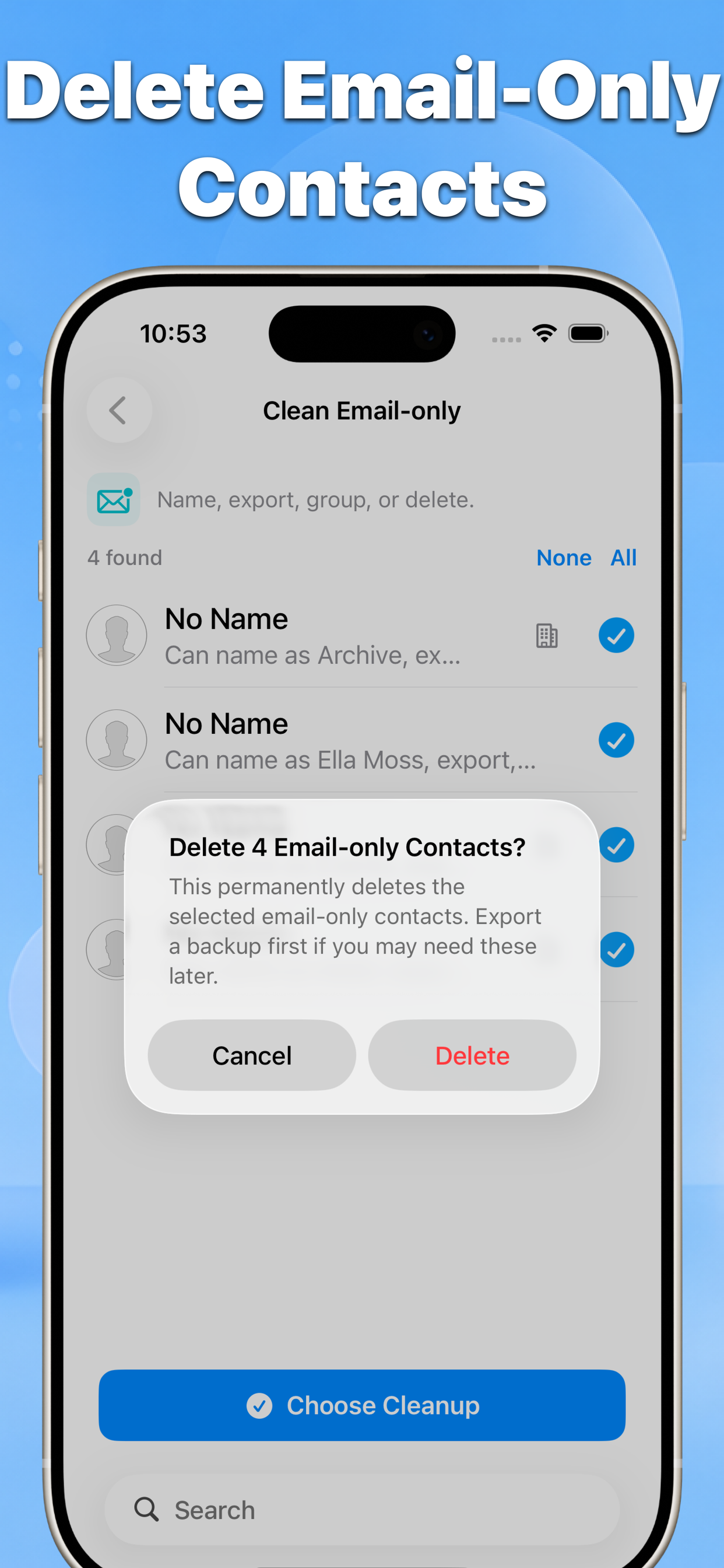Contact Cleaner delete email-only contacts confirmation graphic