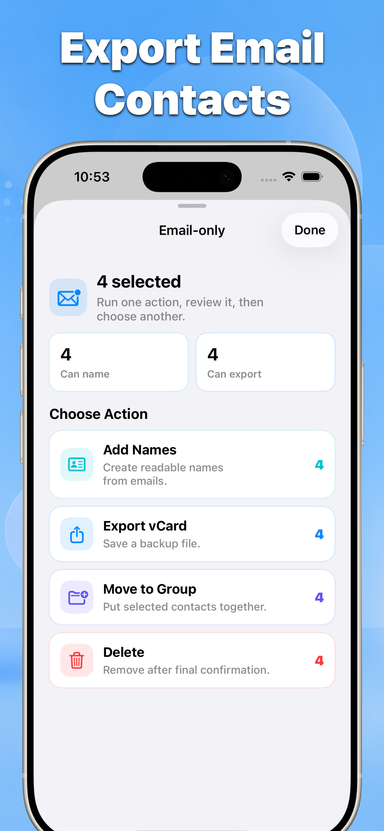 Contact Cleaner export email contacts action graphic